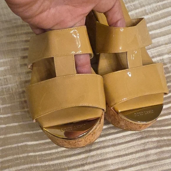 Jimmy Choo Beige Patent Cork Wedges EUC